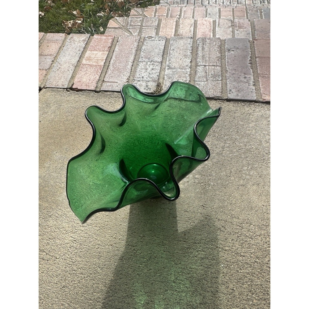 VTG Bischoff Kingstown Blown Glass Fan Vase Ruffled Peacock Green 6" - Picture 5 of 7